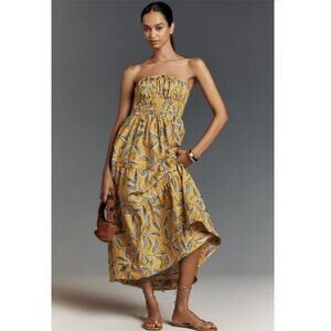 Anthropologie NWT The Somerset Strapless Maxi Dress Yellow Leaf Print L